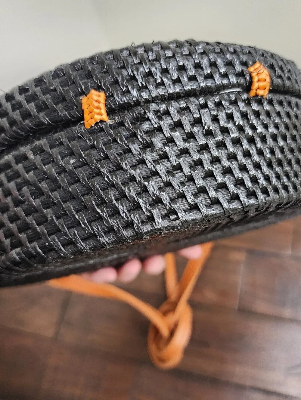 Handwoven Rattan Round Crossbody Bag with Multicolor Batik Inlay Boho Festival